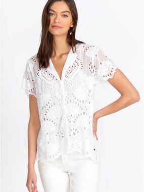 Johnny Was White Marietta Cooper Eyelet Button-Up Short Sleeve Top